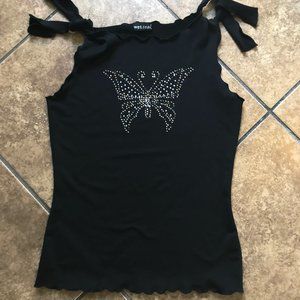 Wet Seal black sleaveless butterfly rhinestone top